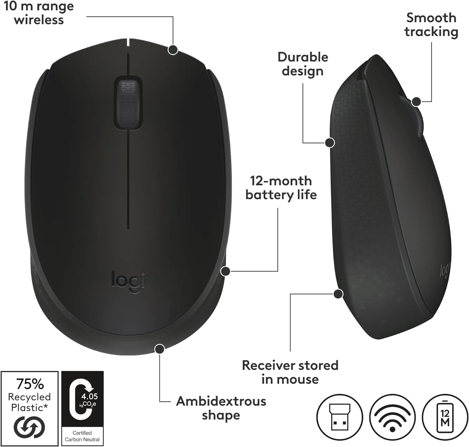 Logitech M170 Wireless Cordless USB Optical Ambidextrous Compact Portable Mouse 2.4GHz - Image 2